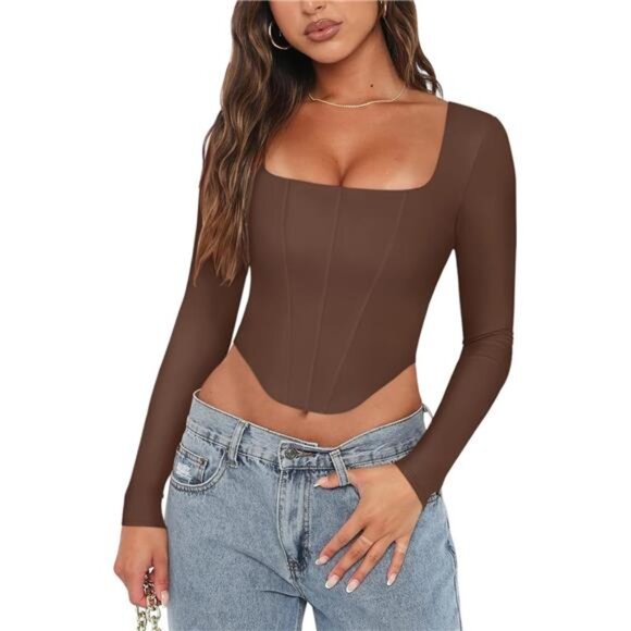 Tops - Womens Trendy Sexy Square Neck Long Sleeve Coffee